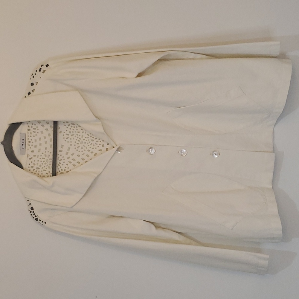 Designer Off White Cotton Unique Lazer Cut Blazer Jacket size L